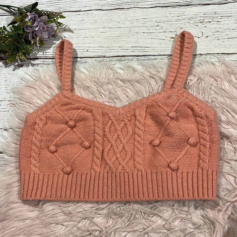 For Love & Lemons Pink Cable-Knit Pom Crop Tank Top - Picture 2 of 8